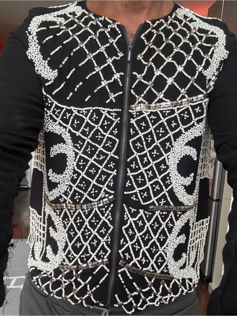 Reformation Black Beaded Zip Front Jacket/Fitted Zip Up Chic Bespoke Top